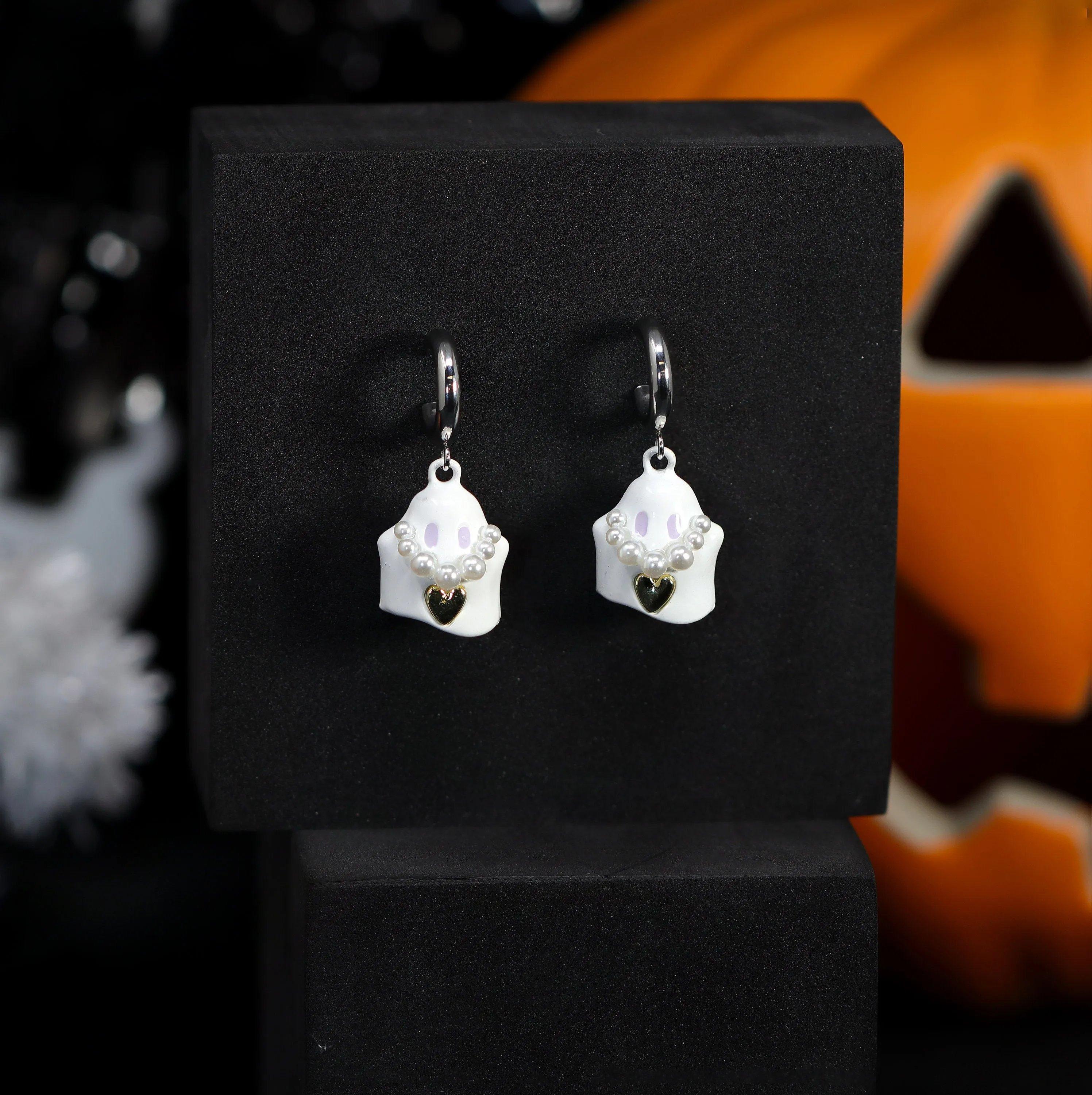 Cute White Ghost With  A Golden Heart Halloween Earrings, Long Halloween Earrings, Scary Statement earrings.