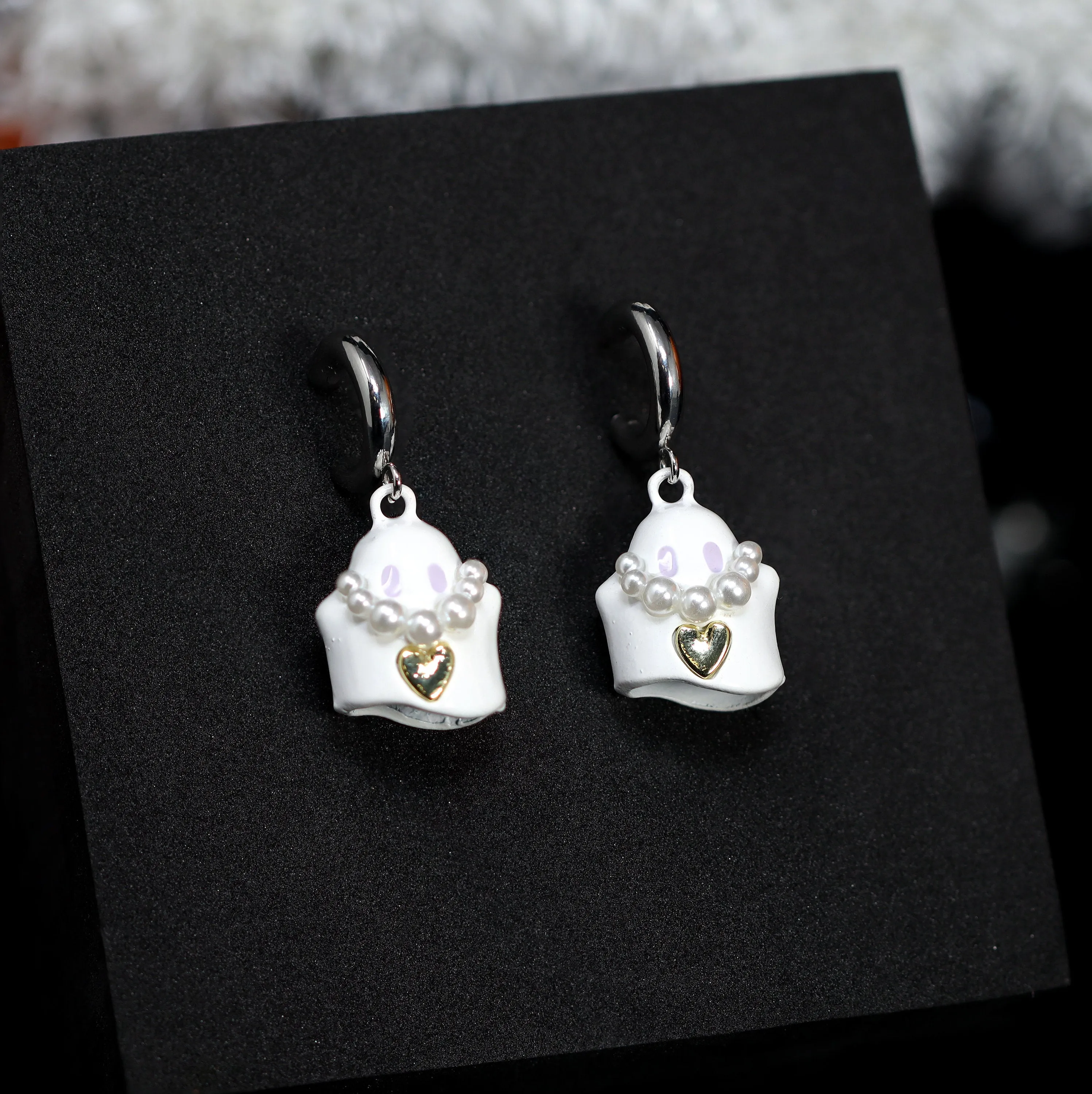 Cute White Ghost With  A Golden Heart Halloween Earrings, Long Halloween Earrings, Scary Statement earrings.